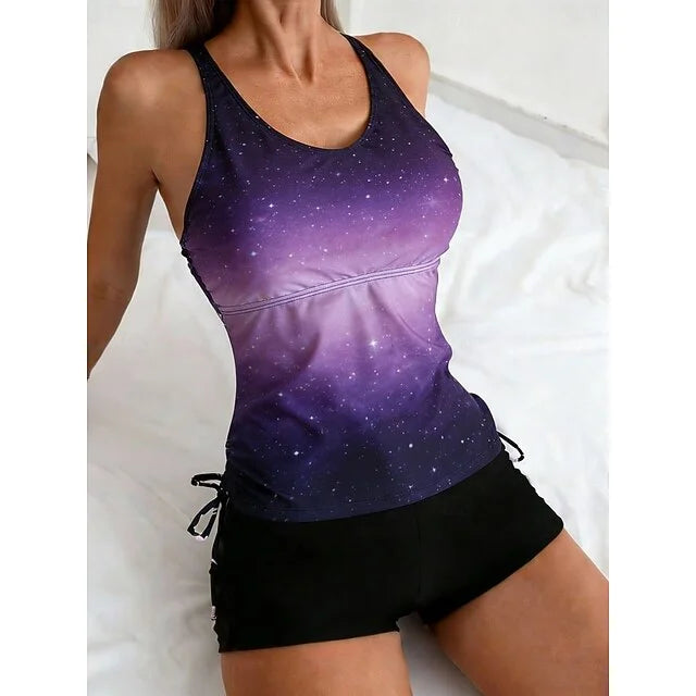 Celeste | Completo tankini con stampa galassia che copre la pancia