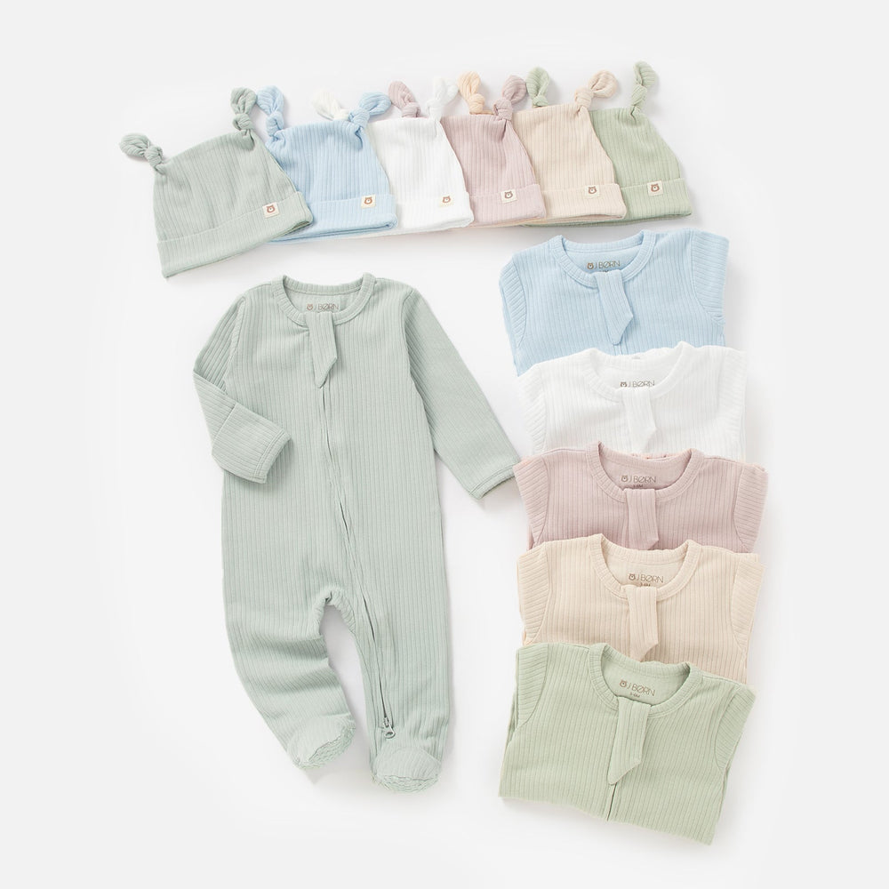 JBØRN Organic Cotton Ribbed Baby Sleep Suit and Hat