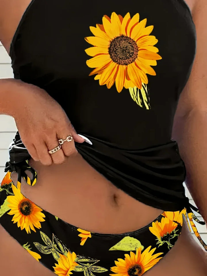 Soleado | Completo tankini halter con girasoli che copre la pancia