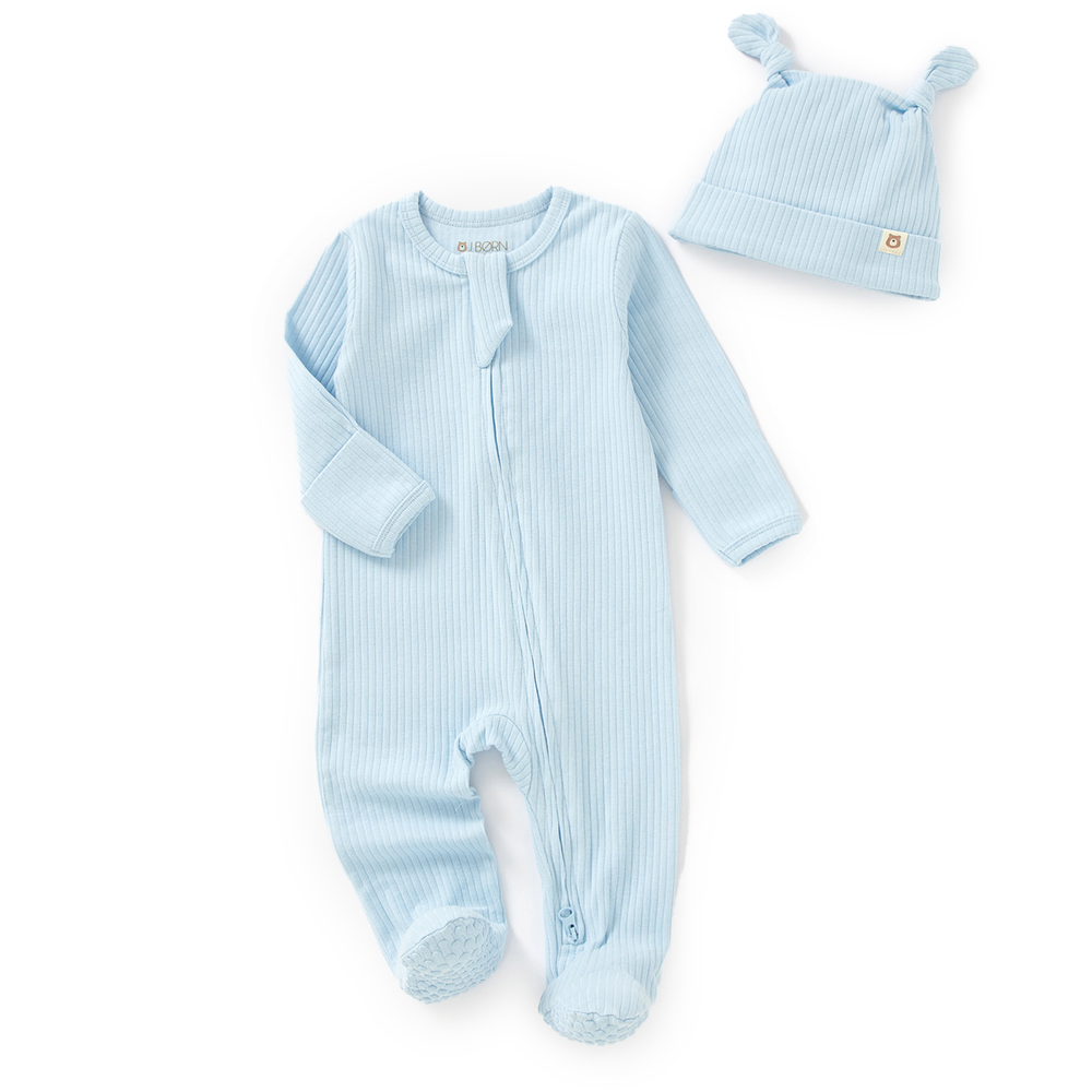 JBØRN Organic Cotton Ribbed Baby Sleep Suit and Hat