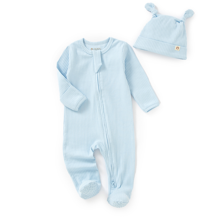 JBØRN Organic Cotton Ribbed Baby Sleep Suit and Hat