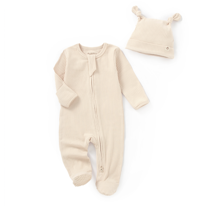 JBØRN Organic Cotton Ribbed Baby Sleep Suit and Hat