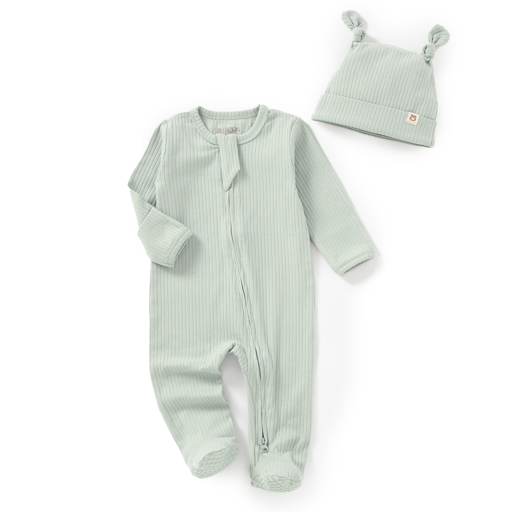 JBØRN Organic Cotton Ribbed Baby Sleep Suit and Hat
