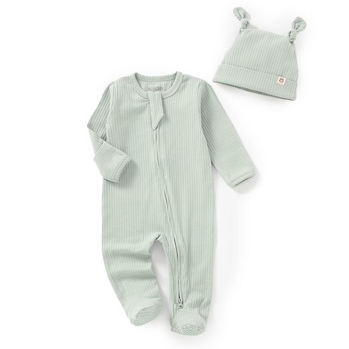 JBØRN Organic Cotton Ribbed Baby Sleep Suit and Hat