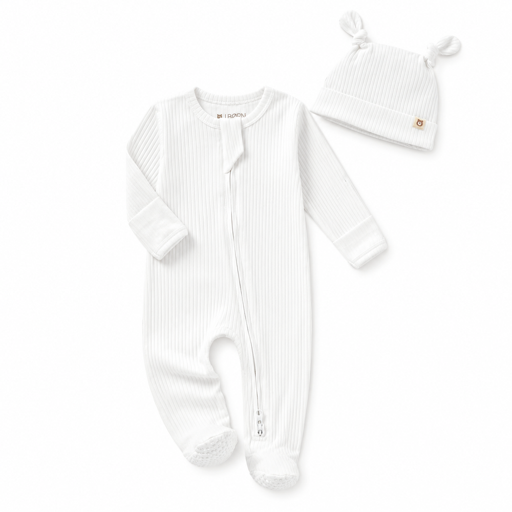 JBØRN Organic Cotton Ribbed Baby Sleep Suit and Hat
