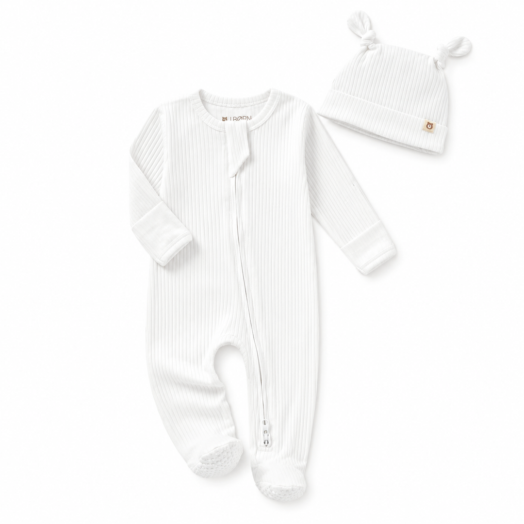 JBØRN Organic Cotton Ribbed Baby Sleep Suit and Hat