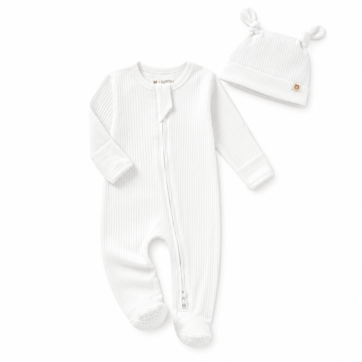 JBØRN Organic Cotton Ribbed Baby Sleep Suit and Hat