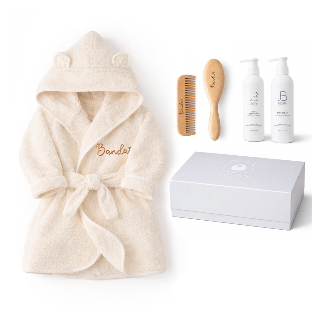 JBØRN Baby Spa Gift Set | Bathrobe, Hairbrush Set & Skincare