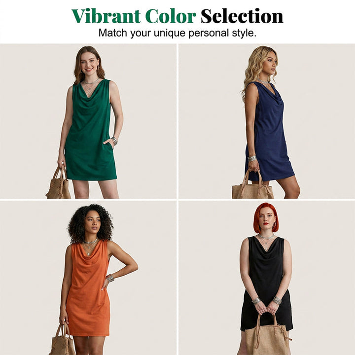 👗 50% DI SCONTO ORA! ⏰ Elegante Abito Slim Fit con Scollo a Cowl – Senza maniche, tasche laterali e versatile – Drappeggio valorizzante, perfetto per il lavoro o le serate – Comodo e chic ✨🌸
