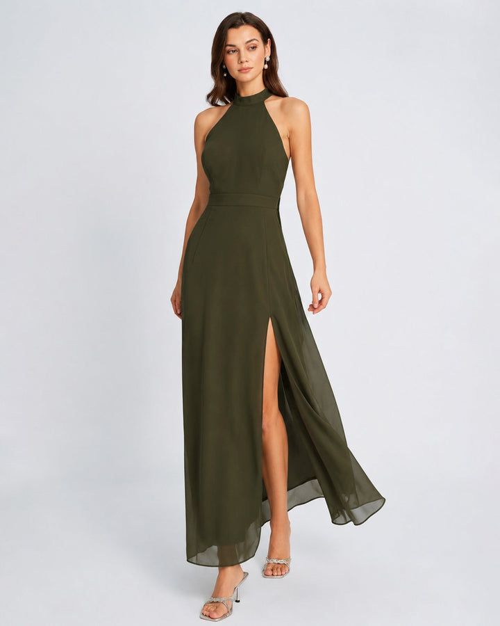 Green Mock Neck Slit Chiffon Maxi Dress